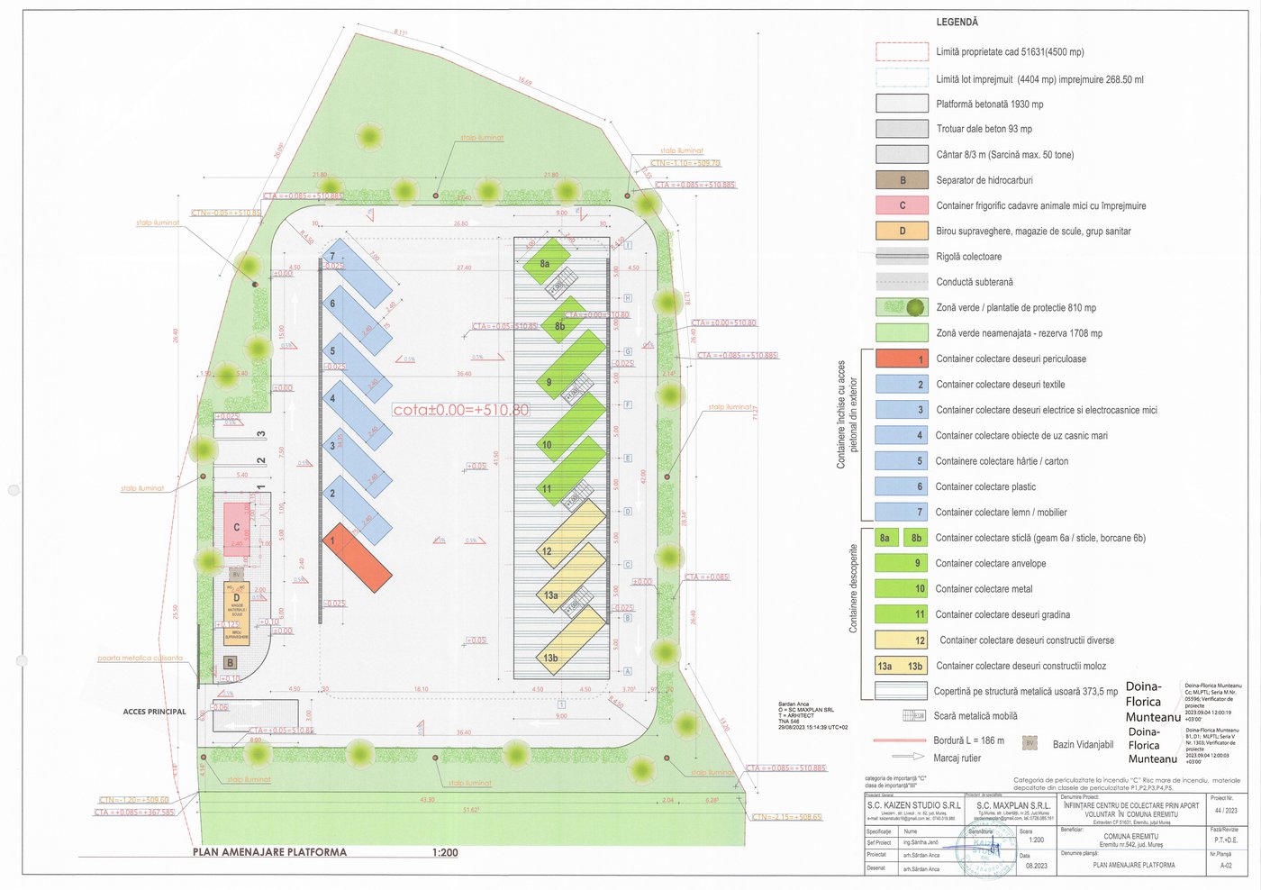 Plan de amenajare a platformei CAV Eremitu — 13 containere numerotate, copertină, cântar, birou